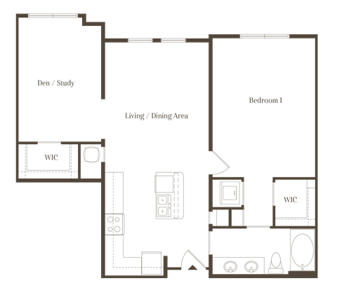 Floor plan for 1 bed, 1 bath, 976 sqft